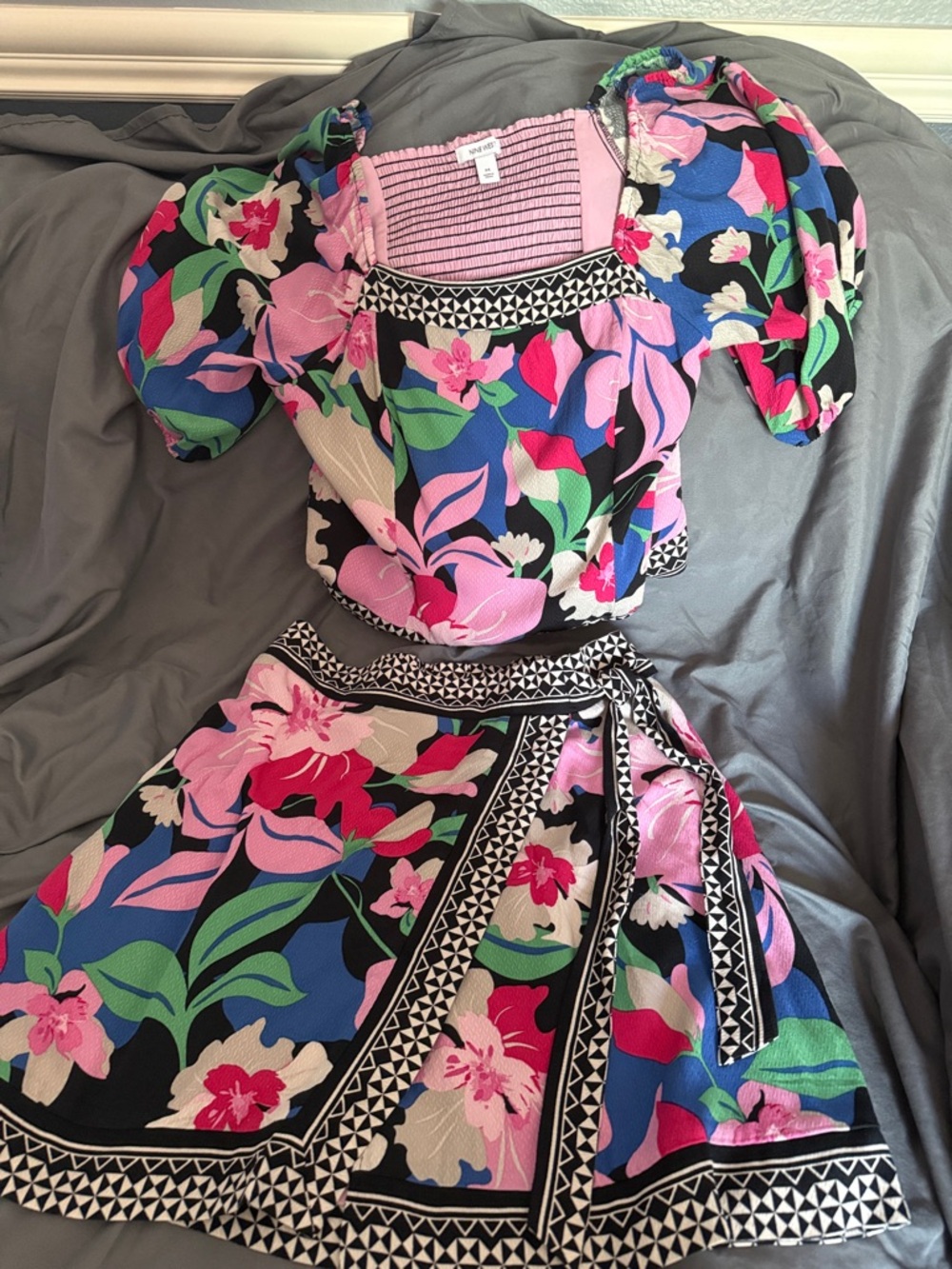 Nine West Black Floral Puff-Sleeve Wrap Dress with Pink & Blue Blooms